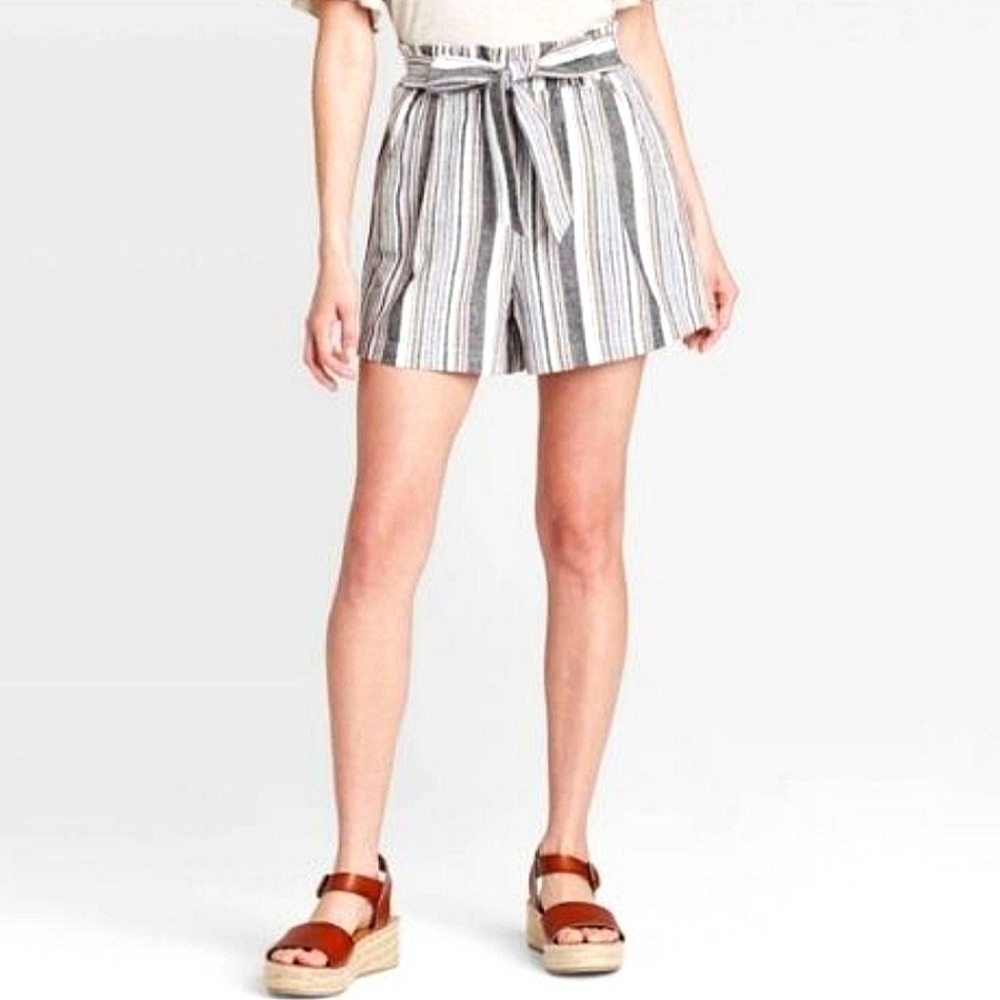 Knox Rose linen cotton blend shorts M high waist striped Paperbag Beach 💖2/$30
